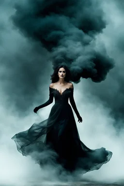 In the depths of the night, a stunningly beautiful demonic woman dressed in dark smoke gracefully through the big smoke, her every movement seeming to exude an otherworldly allure. The dark and mystic atmosphere is heightened by the smoky background, creating a surreal and hauntingly beautiful scene. The dark colors of her dress blend seamlessly with the fog, making her appear as if she is a part of the very air itself, detalied, fantasy