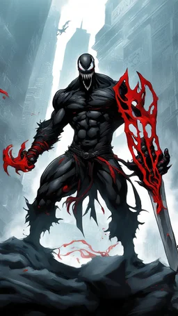 Venom symbiote with kratos red tattoos and Clothes, holding blade of choice