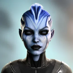 blue asari from mass effect , asari portrait, portrair, asari head, asari face, big eyes, smile, black lipstick and black eyliner and tatoo, mass effect, happy, 8k resolution, high-quality, fine-detail, fantasy, incredibly detailed, ultra high resolution, 8k, complex 3d render, cinema 4d