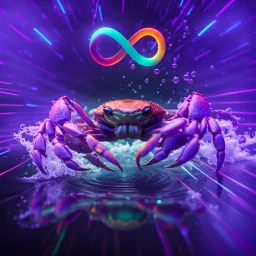 infinity symbol ∞ with vibrant powerful crab jumping out of the water, striking, neon, chiaroscuro, dramatic, captivating, powerful, fantasy, beautiful, octane render, 16k post-production, artstation: award-winning: atmospheric: commanding: fantastical: clarity: ultra quality: striking: brilliance: stunning colors: amazing depth; lens: f/11, 35mm