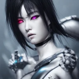 a Photorealistic dramatic hyperrealistic japanese woman cyberpunk paint, big breast, big eyelash, Crystal white eyes, elegant,Artgerm, Beautiful dynamic,shadows,Artstation,concept design art,Octane render,8K, bw