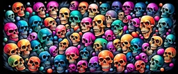 a field of 1000s of cartoonish, anatomically correct, skulls, vivid RANDOM BRIGHT neon colors, dark comedy, well lit, high detail, photorealistic, horrorcore, fun, scary, dead, 100% detail on all drawn, nothing partial or filler, by fictional tattoo artist, all orbiting a black hole