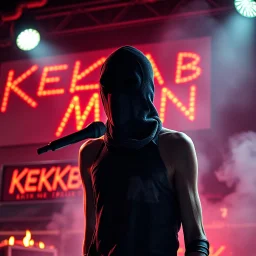 a very thin swedish man, with a skimask with only a hole for the mouth (no eyes), he is called "KEBAB MAN" performing at death metal club, his name is "KEBAB MAN" kebab rolls On stage, kebab Neon lights and smog, and "KEBAB MAN" big sign on the wall, spinning kebab machines, flames and smoke, chaos, he singing with mic,