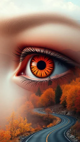 A surreal artwork featuring a human eye with an orange iris set against inside a backdrop of autumnal trees and mountainous scenery. The eye's contours blend seamlessly into the landscape, with a winding road visible in the foreground. The image contrasts soft facial features with vibrant natural elements, creating a dreamlike effect. The overall color palette includes warm oranges, browns, and cool grays, enhancing the sense of harmony between the human and natural worlds.