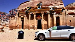 A Tesla's 'Model S Plaid' is parked, at Petra, in Jordan. CINEMATIC. WIDE ANGLE LENS.