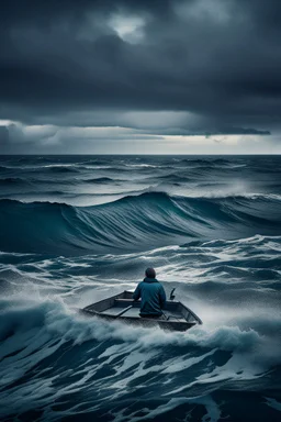 Man sitting in a boat rowing In an rough waves of ocean trying to reach an island in a distance in a bad stormy wether