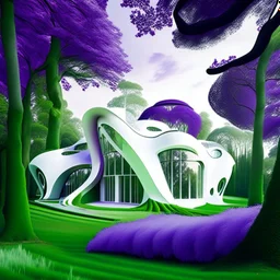 Casa campestre estilo Zaha Hadid obra de arte detallada color blanco crema y violeta impactante árboles verdes personas foto realista 8k