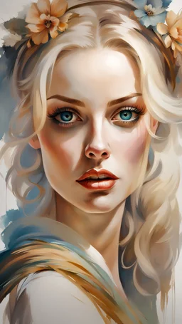 Blonde Thin curvy Scandinavian Woman 30yo, Big Eyes, Long Eyelashes, Eyeshadow by Gil Elvgren and Alex Ross and Carne Griffiths, detailed painting with dramatic shading