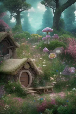 lac turquoise, petit rocher avec mousse, hobbit house,great flower fleurs pink and white, champignon, elfe très beau, etoile filante, cristaux, vray, cgi