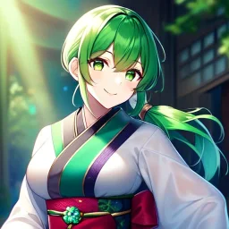 girl, masterpiece, best quality, volumetric lighting, detailed outfit, perfect eyes, green hair, green eyes, obi, low ponytail, smile,