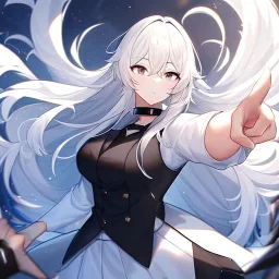 masterpiece, best quality, female, long white fluffy hair, hair between eyes, pointing, wearing a white shirt with a black collar, wearing a black vest, wearing a white skirts, {{{half body}}}, very dark black eyes, {{{Flat_shading}}}