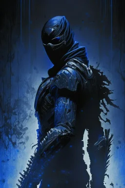 Background is dark blue, almost black. There is a head and torso silhouette looming in the picture, completely masked by a black kevlar suit. holding weird metallic weapon, oriental