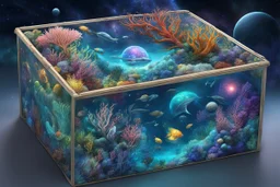 hyperrealistic, 4k, box for storing things with beautiful drawings a lot of colours, very detailed, subnautica, sea plants, seal leviathan, planets space, galaxies,