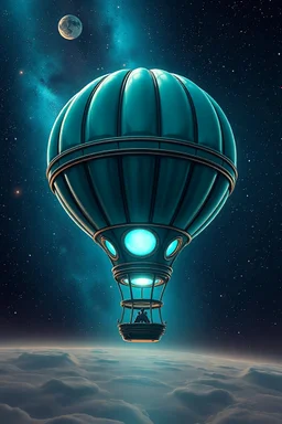 scifi steampunk stratospheric aerostat balloon large travelling through nebula in the style of moebius and dune futuristic nolan glowing teal metallic basket with glass portholes