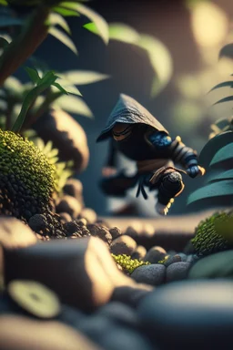 ninja tumbling garden, hi detail, 4k, clear focus, depth of field, color correction, studio quality, backlight