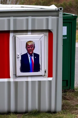 Donald Trump crying behind a dumpster