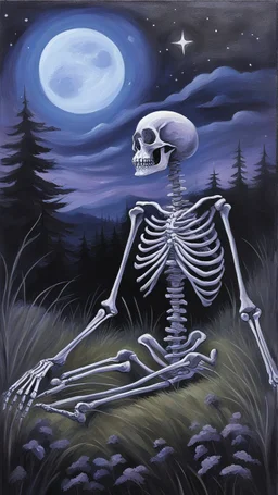 A oil painting of a skeleton sitting in the grass on the top of a hill, lookin into the night sky. A Forrest in the background. Painting. Purple colours. Blue colours. Night. Melancholic mood. Colorful.Pastel colours. Masterpiece.