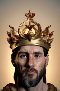 Realistic image, sculpture, white marble material with gold veins, Lionel Messi, gold laurel leaves crown, gold ornaments, Renaissance style, sun rays background, waist up portrait, epic, celestial, cinematic lighting, God lights, 4k resolution, smooth details, soft lighting, unreal engine 5, art station, substance 3d.