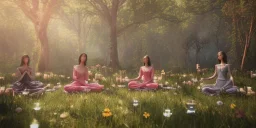 group of beautiful ladies in colourful dresses meditating in an enchanted forest with a spring like chalice well at night, candles in the trees, crystals around, insense burning