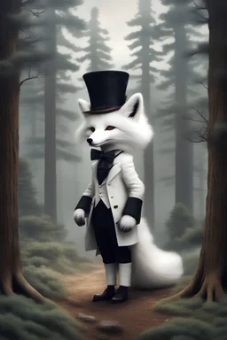 Cute fantasy white fox wearing a top hat; big pine trees all around; in the style of Steve McCurry