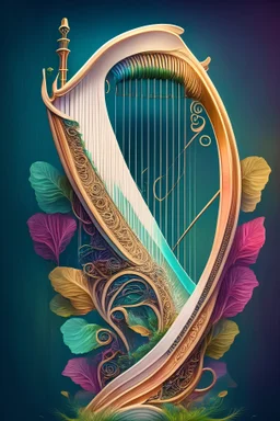 a beautiful harp surrounded by music and happiness