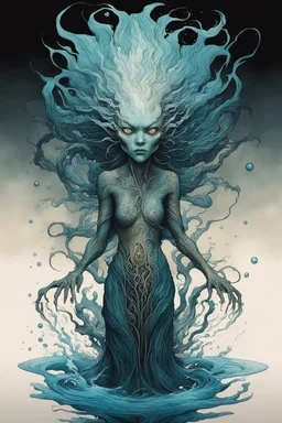 front facing full body illustration of an aged, malevolent shape shifting female Funayurei water spirit with highly detailed facial features and skin textures, in the style of Alex Pardee , Jean Giraud Moebius, and Katsushika Hokusai, highly detailed, boldly inked, deep murky aquatic color