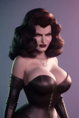 Rita Hayworth as evil queen in black leather, busty, cleavage, curvy, angry, stern look. character design by cory loftis, fenghua zhong, ryohei hase, ismail inceoglu and ruan jia. unreal engine 5, artistic lighting, highly detailed, photorealistic, fantasy