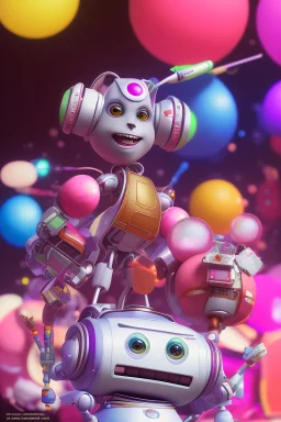 Portrait Painting of a cute robot painter in white studio with a floating canvas. Awesome Pose, Character Design By Mark Ryden And Pixar And Hayao Miyazaki, Unreal 5, Daz, Hyperrealistic, Octane Render, Dynamic Lighting, Volumetric lighting, Intricate Detail, Summer Vibrancy, Cinematic