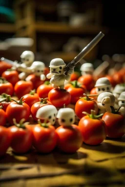 army of marshmallows living angry and armed in a fight with tomatoes