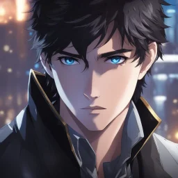 (masterpiece), (anime style), award winning, close up, centered, headshot, looking toward camera, messy black hair, young man, blue eyes, modern, dynamic lighting, ultra detailed, (epic composition, epic proportion), professional work, black clothes