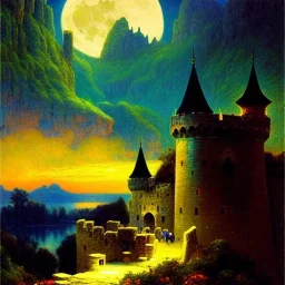 Drawing of 'Medieval Romanian Castle',bats,mountain,lake,full moon, by gaston bussiere, greg rutkowski, yoji shinkawa, yoshitaka amano, tsutomu nihei, donato giancola, tim hildebrandt, oil on canvas, cinematic composition, extreme detail,fit full head inside picture,16k