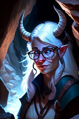 A Dnd Tiefling with a long tail and small horns in a dark cave. A female archeologist with white hair, wearing glasses, in adventurer's clothes. Cunning, beautiful, cool.