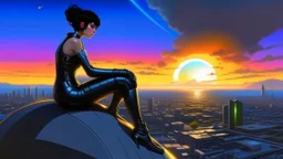 A white woman with black hair, in an android-looking catsuit, sitting on a rock, sideways, with Saturn planet behind her, filling most of the sky, a futuristic city on the horizon, evening sunlight