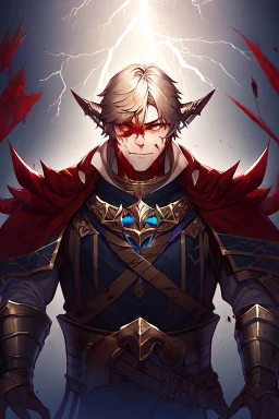 Armored Male Blood Knight Elf by manhwa or korean webtoon style there are lightning and blood spurts around the man, his face pointed at the camera, and with a serious look he lets his opponent know that it's his turn