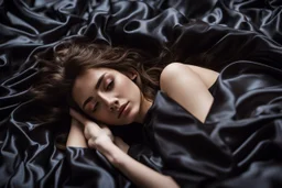 Hyperdetailed, 20-year-old lying on black silk sheets