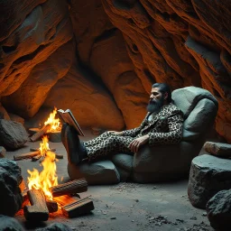 photograph, futuristic looking prehistoric cave with a campfire where a Neanderthal caveman wearing a leopard print tuxedo reclining in a rock Barcalounger reading a stone tablet book, photorealism