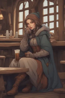 DnD style, medieval beautiful woman dressed in warm winter clothes sitting in a tavern