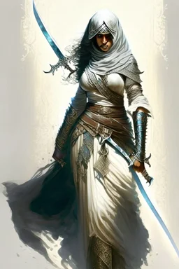 Full body veiled female Arab warrior holding a sword, fantasy, powerful, high quality