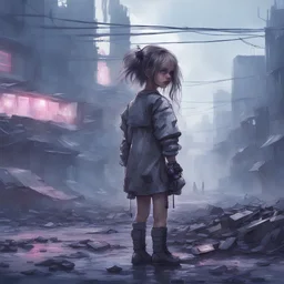 киберпанк, город разрушен, химическая катастрофа, робот и маленькая девочка, девочка в рваном платье и с растрепанными волосами