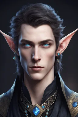 a wealthy half-elf young man with pointy ears and blue eyes, wears lots of jewelry, pale skin, soft face, dark clothing