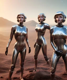 Ultra Realistic retro sci-fi movie scene, 1960 year, waist up view portrait, 3 clones blonde women, sweet young una Thurman face, perfect iris, glow eyes, face makeup. Mars and martians background, Retro sci-fi style, helmet, tight latex coat, fog, rain, soft color, highly detailed, unreal engine 5, ray tracing, RTX, lumen lighting, ultra detail, volumetric lighting, 3d, finely drawn, high definition, high resolution.