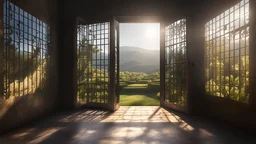 Interior of a dark dismal prison cell, looking out through an open cell door into gardens and distant hills in bright sunshine and freedom. Exquisite composition, beautiful detailed intricate detailed octane render, 8k artistic photography, photorealistic, perfect light, chiaroscuro, award-winning photograph, masterpiece