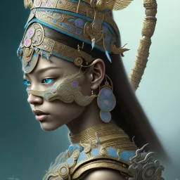 Sango fantasy, fantasy magic, intricate, sharp focus, illustration, highly detailed, digital painting, concept art, matte, art germ and Paul Lewin and Kehinde Wiley, masterpiece Mayan princess dancer head bronze feather's' Asian Latin girl nice breast brown Thai hair turquoise silver blue sky