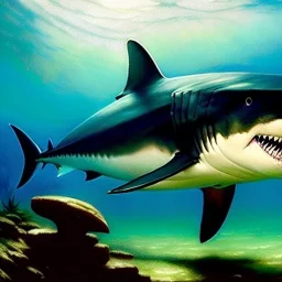 Full Body portrait of ' Giant Megalodon Shark',painting by gaston bussiere, greg rutkowski, yoji shinkawa, yoshitaka amano, tsutomu nihei, donato giancola, tim hildebrandt, oil on canvas, extreme detail,fit full head inside picture,32k