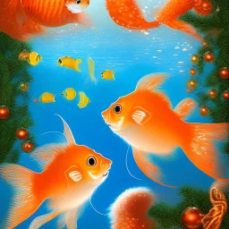  2 Orange fish and White cat friendly Celebrating christmas under the water