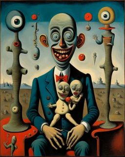 A surrealist painting in the distinctive style of Max Ernst, embracing Dada surrealism, with intricate and clear rendering of every aspect to ensure a deeply disturbing image. The painting features a deranged ventriloquist with wild, frenzied eyes and a twisted, manic smile. He holds a terrified dummy on his lap, made of wax-covered rubber, its eyes wide with fear and its mouth slightly ajar in a silent scream. Behind them, a strange demonic boy with deep red skin and bizarre proportions stands,