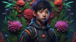 Expressively detailed and intricate 3d rendering of a hyperrealistic: asian boy, cyberpunk plants and flowers, neon, vines, flying insect, front view, dripping colorful paint, tribalism, gothic, shamanism, cosmic fractals, dystopian, dendritic, artstation: award-winning: professional portrait: atmospheric: commanding: fantastical: clarity: 16k: ultra quality: striking: brilliance: stunning colors: amazing depth