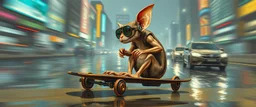 master oil painting by Rembrandt,the tilted quilter,glasses and ticks, cyberpunk imagery synchronized mechanical gremlin rat bat laying low, drumming kit flat board trike flickering stable core, wet reflective salt flat city, fast motion blur background, translucent tube cars