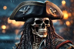 Skeleton pirate in 8k realistic cgi drawing style, spectrum theme, sea, Storm, close picture, rain, neon, highly detailed, high details, detailed portrait, masterpiece,ultra detailed, ultra quality