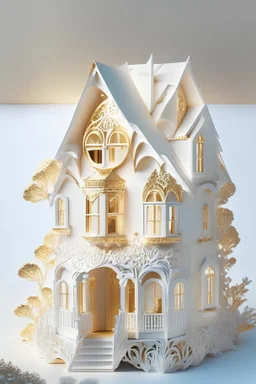 A three-dimensional miniature house, a mixture of white and gold, a fantasy, a wonderful picture full of details, a high-quality house on which beautiful sunlight falls